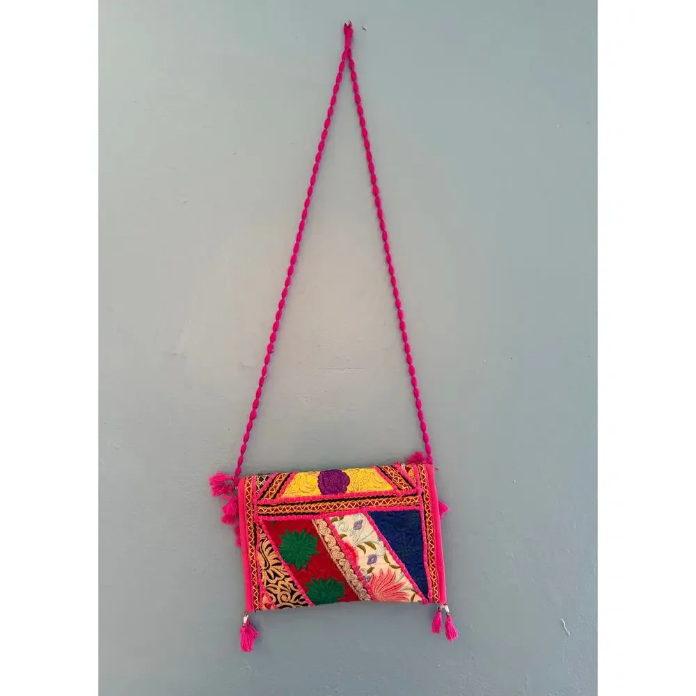 Rajasthani Banjara Patchwork Crossbody Clutch Bag Hot Pink Tassels Mirror Boho